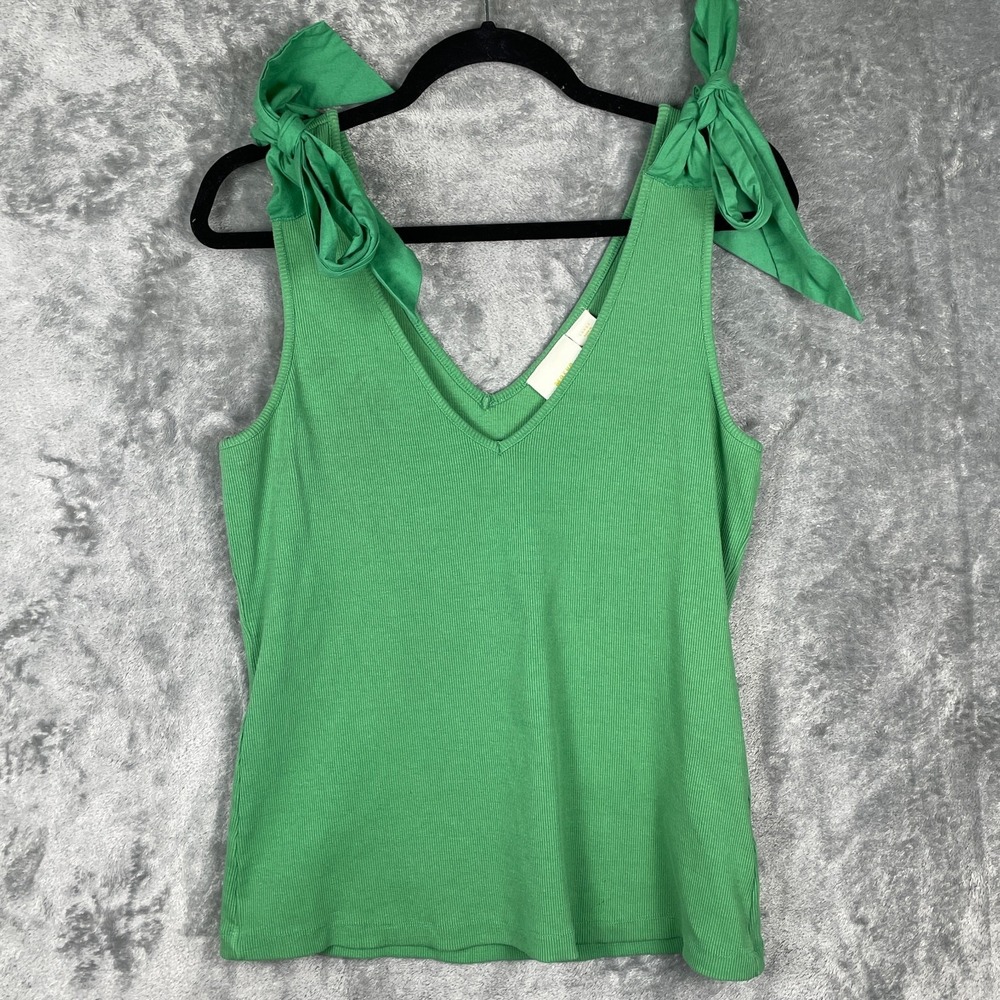Anthropologie Maeve Bow Tie Tank Top Womens Large Green Ribbed Cotton Dainty